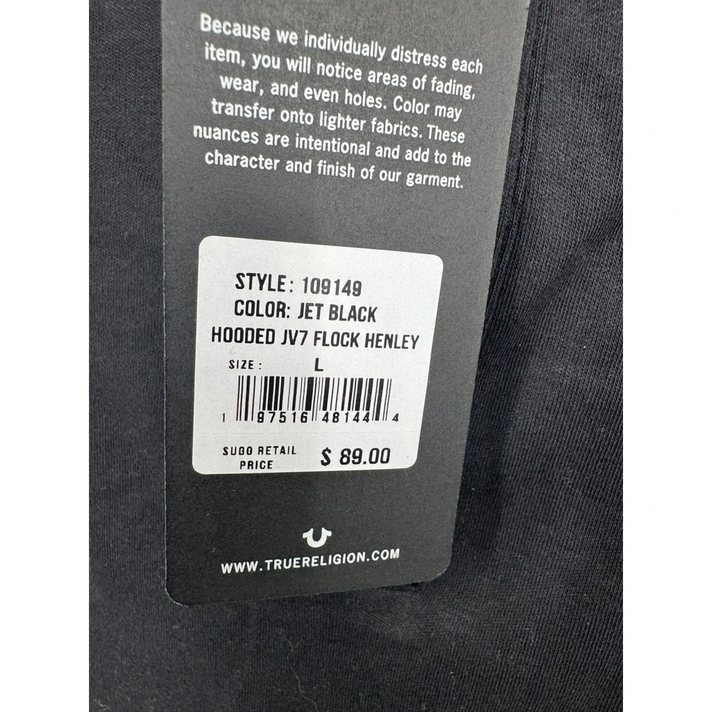 NWT True Religion Flocked Logo Hooded Henley T-Shirt Shirt Men's Large Jet Black